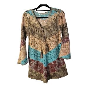 Soft Surroundings Size XS Tie Neck Earth Tones L/Sleeve Crochet Top